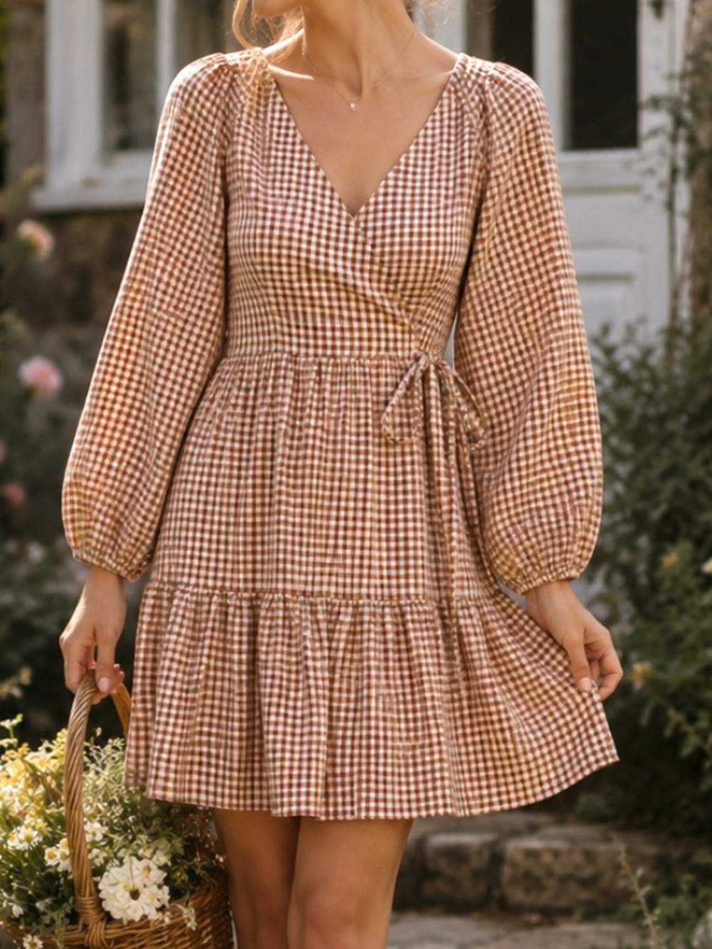 Madewell Gingham Puff Sleeve Wrap Dress Size XS Rust/Brown Cottagecore Fall